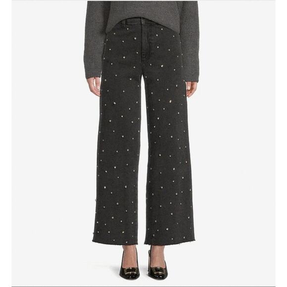 Antonio Melani Gray Rhinestone Studded High Rise Wide Leg Cropped Jeans Size 10 - Picture 1 of 7